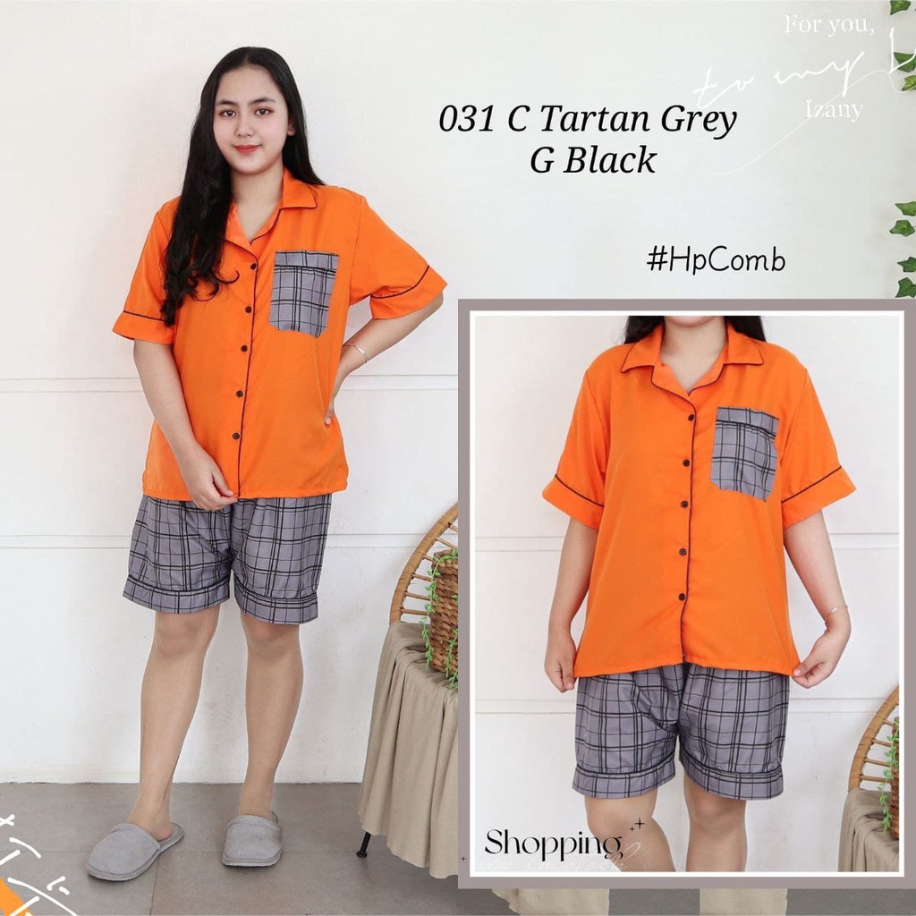 IZANY Piyama Dewasa Hotpant Combina Allsize / HP  Combina Saten Apple LD 100-031 TARTAN GREY G BL