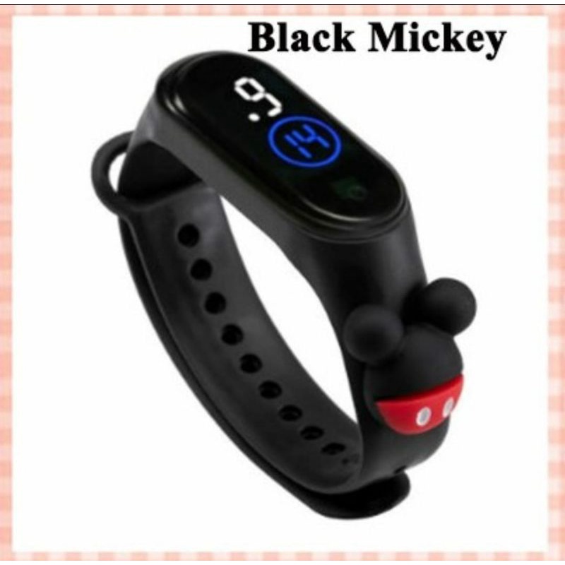 Jam tangan anak Elektronik LED display Tahan Air karakter motif kartun lucu  bahan rubber-Black Mickey