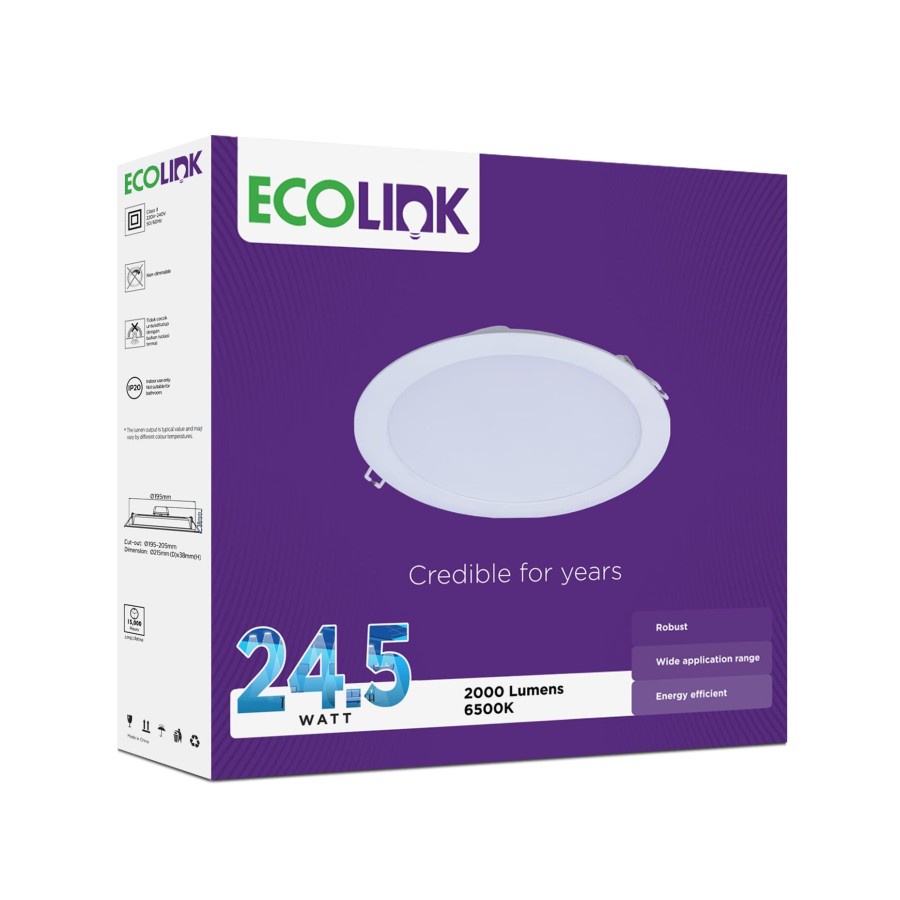 PROMO Lampu Downlight LED Ecolink 24.5W 24.5 Watt EDN020B Panel Light Hias Ib 8 inch D200 Ac 220v SNI Original  - Cool White (Putih)