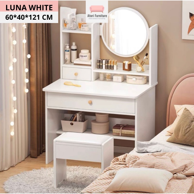 Atori Meja Rias Kaca Bulat Meja rias Putih Minimalis