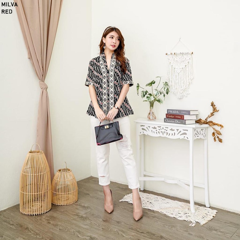 Evercloth Milva Blouse Wanita Atasan Wanita Blouse Batik Perempuan Atasan Batik Wanita Lengan Pendek Kebaya Kimono Batik Baju Kutu Seragam Sarimbit Set