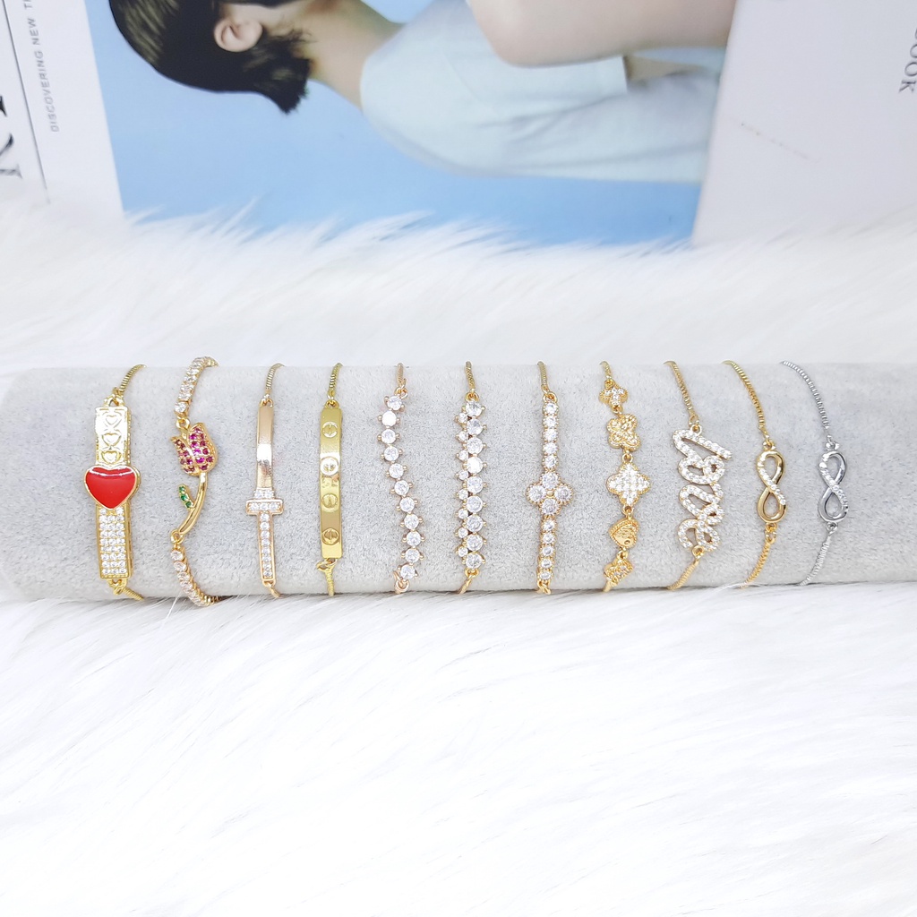 Xuping Gelang Serut Wanita Lapis Emas Batu Putih Bola Ukir - BB501