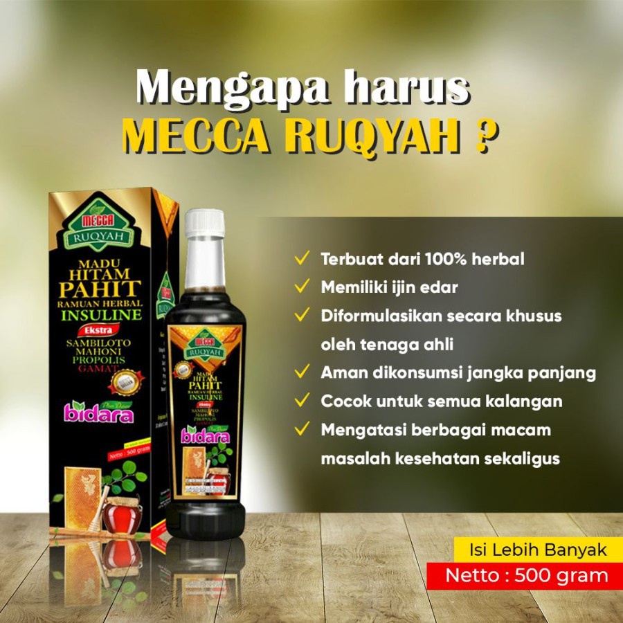 

Madu Hitam Pahit Mecca Ruqyah Insuline Sambiloto Gamat Isi : 500gr