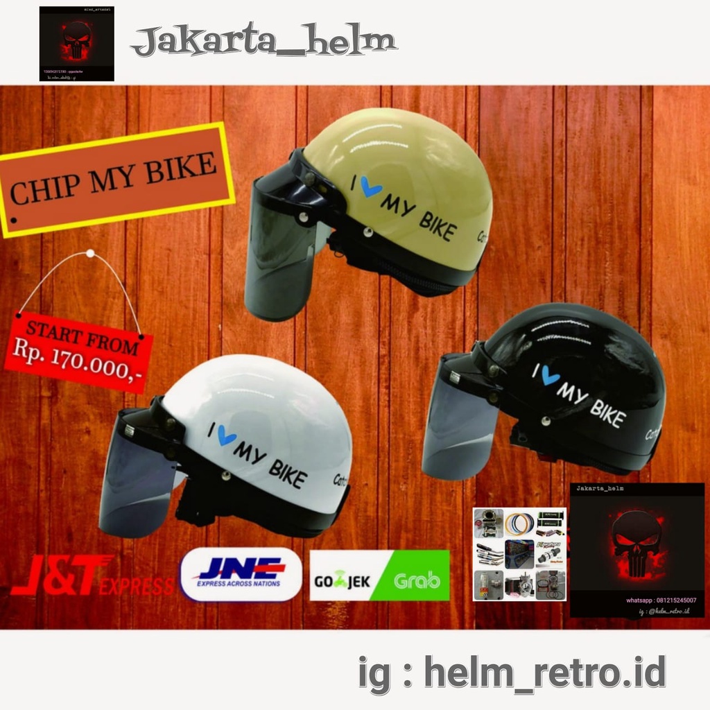 HELM CHIP / BOGO RETRO I LOVE MY BIKE + KACA DATAR/CEMBUNG ( Jakarta_helm )
