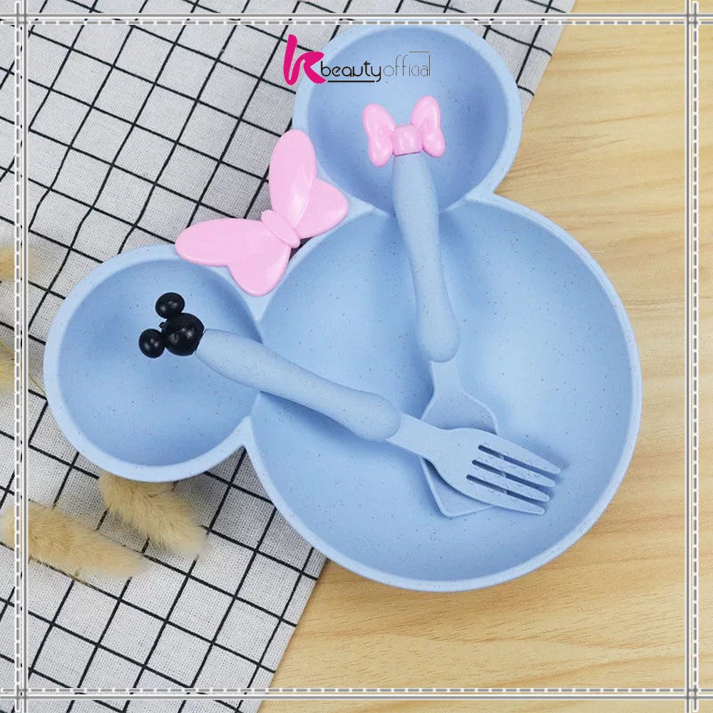 KB-C373 Piring Makan Anak Karakter Miki Set Sendok Garpu / Mangkok Makan Wheat Straw / Tempat Makan Anak Set / Mangkuk Makan Bayi Bahan Jerami Gandum-BIRU