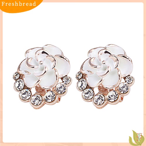 Fresh| Anting Tusuk Motif Bunga Peony / Camellia Bahan Alloy Hias Berlian Imitasi Untuk Wanita / Pesta