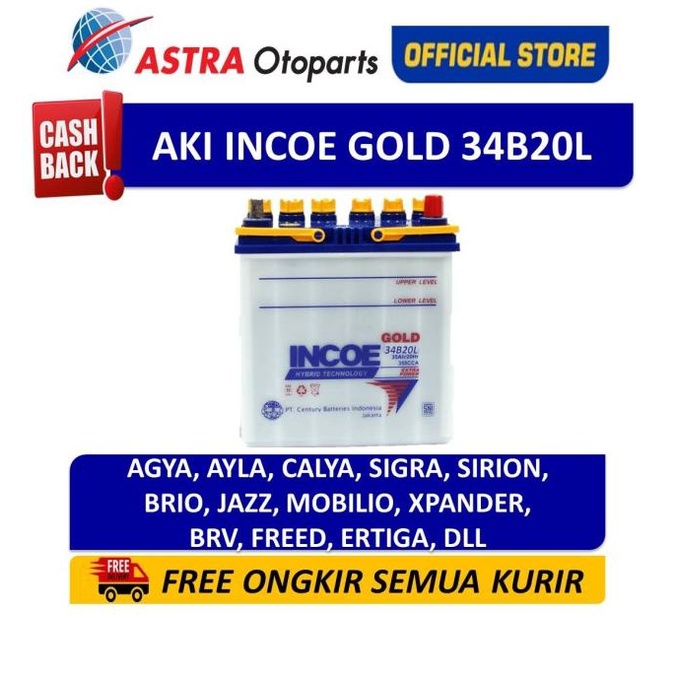 Aki INCOE Mobil Agya Ayla Calya Sigra INCOE Gold 34B20L (35 Ah) ASTR4OTO dijamin