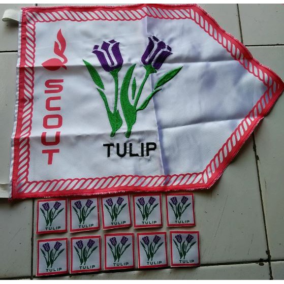 1 Set Bendera Regu + Tanda Regu Bunga Tulip Pramuka Bordir Bedge Regu Bed Bet Regu Pramuka Putri