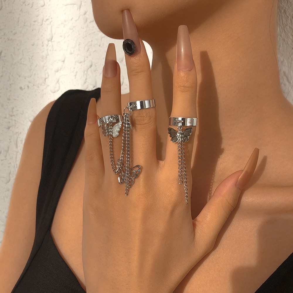 Set Cincin Model Terbuka Desain Rantai Kupu-Kupu Dapat Disesuaikan Gaya Punk Untuk Wanita