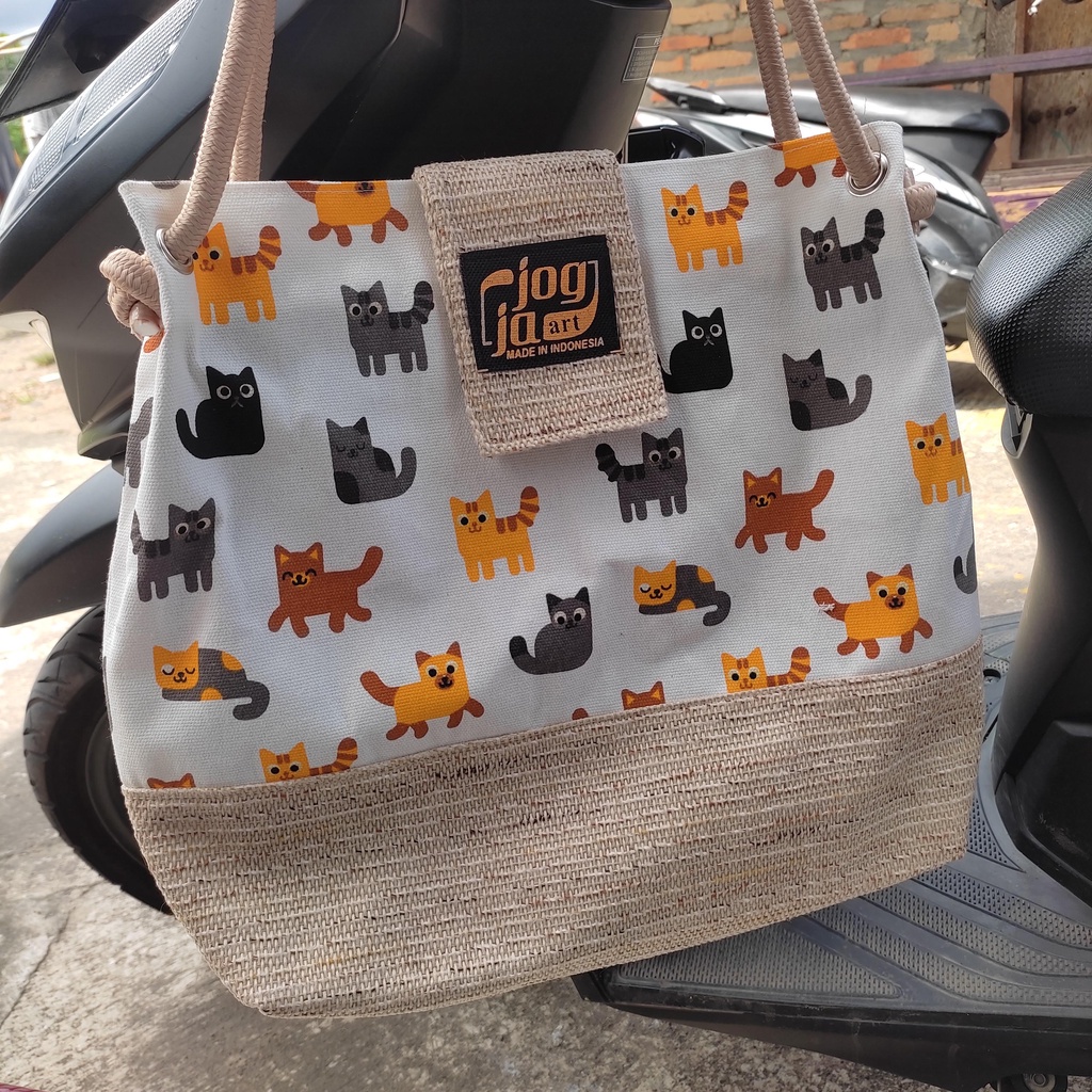 Tote bag Tas Jinjing Tas Bahu Tas Belanja Ukuran Besar Jumbo Tas tali sumbu motif gambar kucing baha