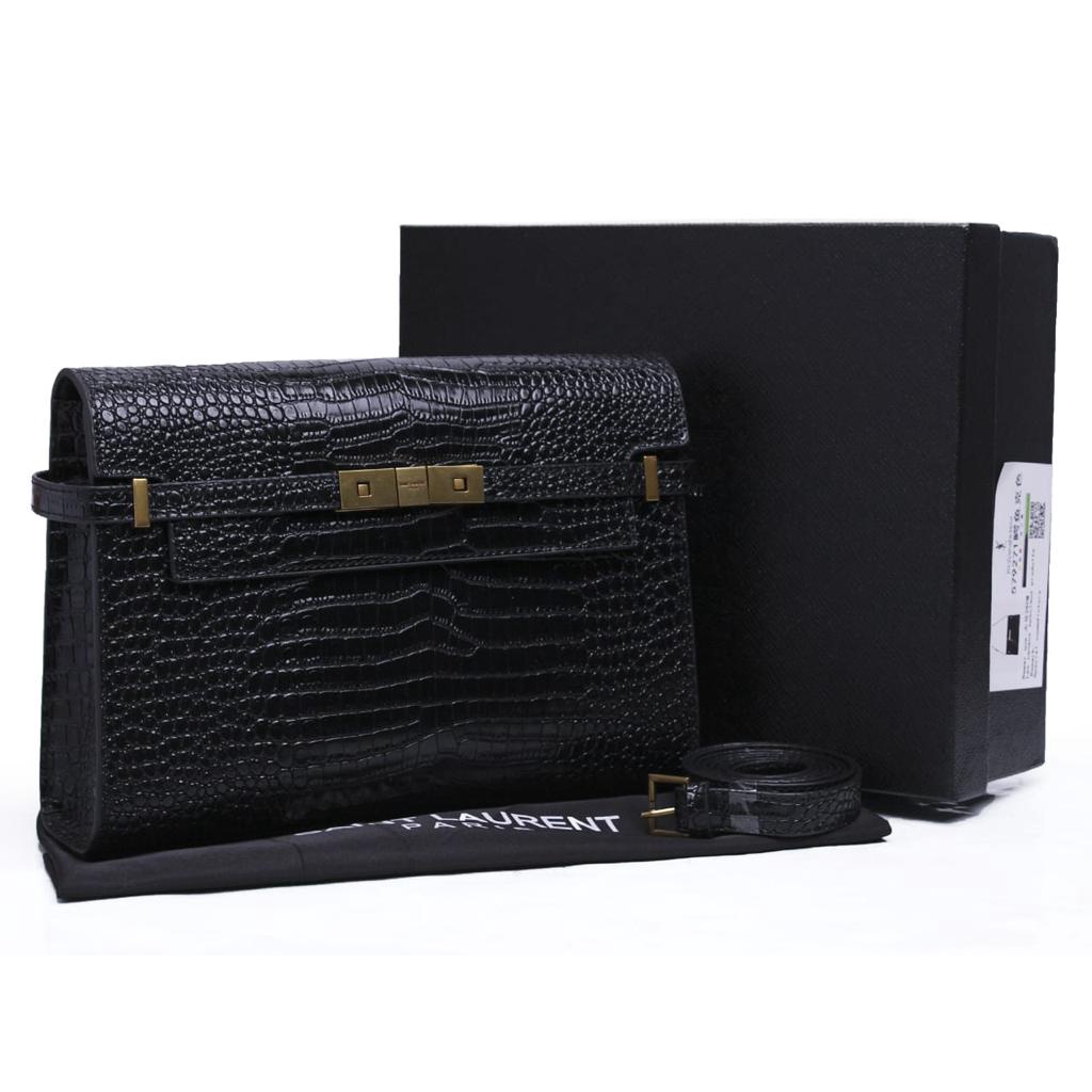 Tas YSL Manhattan Shoulder Bag in Smooth Leather HITAM CROCO