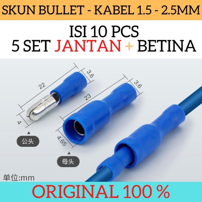 Isi 5 Set Skun Bullet Connector Terminal Kabel Cable 1.5-2.5mm Blue