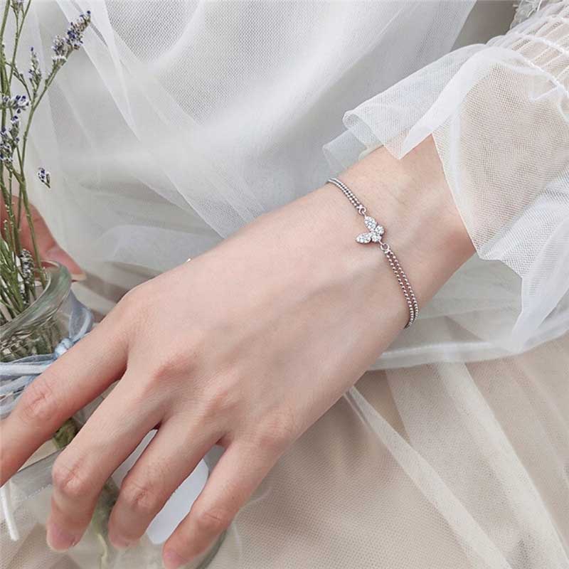 Gelang Rantai Silver Titanium Steel Liontin Kupu-Kupu Hias Kristal Berlian Gaya Korea Untuk Wanita