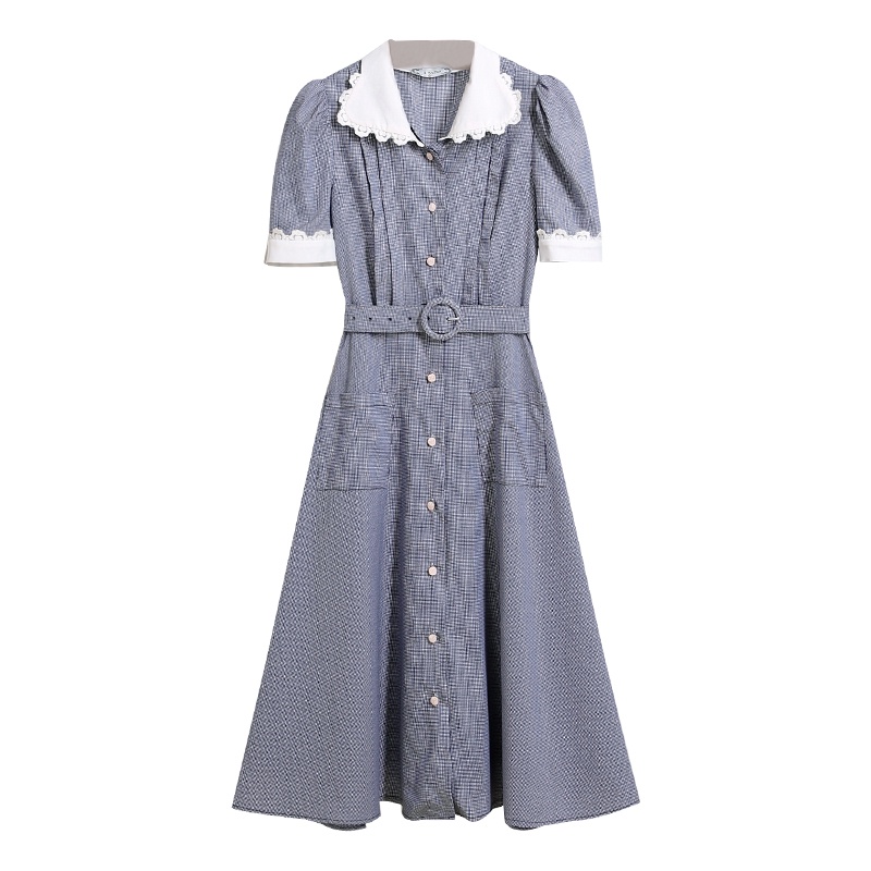 【Rozen】Short Sleeve Spliced Turn Down Collar Casual Dress  7333