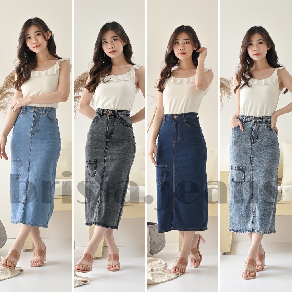 [SIZE 28-33] 4 WARNA - SYLVIA SKIRT JEANS / Rok Jeans Polos 7/8 Slit Depan Strech