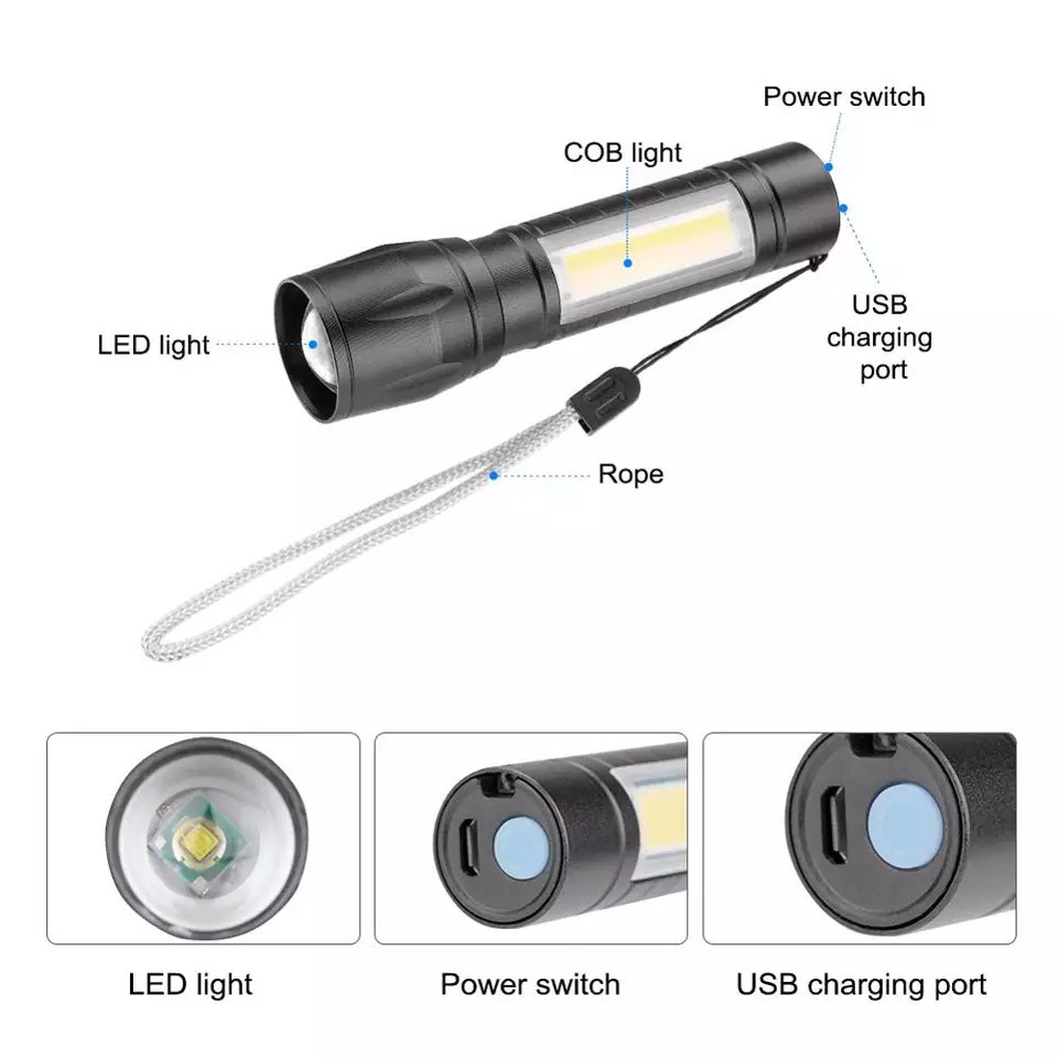 Senter Police Mini XPE plus COB LED Zoom, USB Charge