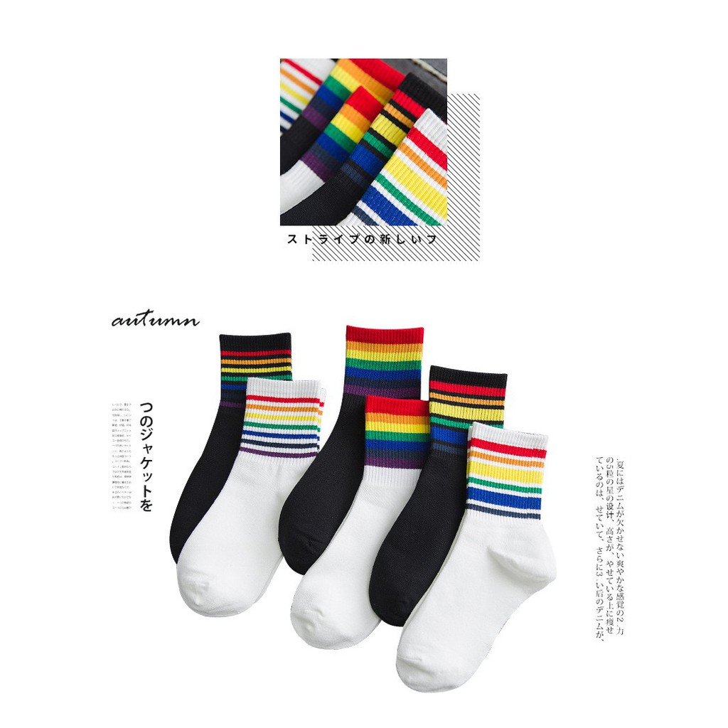 KK-50 kaos kaki wanita cotton tebal olahraga casual strip rainbow pela