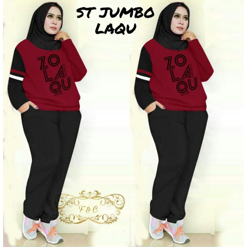 SET LAQU JUMBO FASHION PAKAIAN WANITA SETELAN ATASAN DAN CELANA TRAINING ZOLU BIGSIZE FEHM