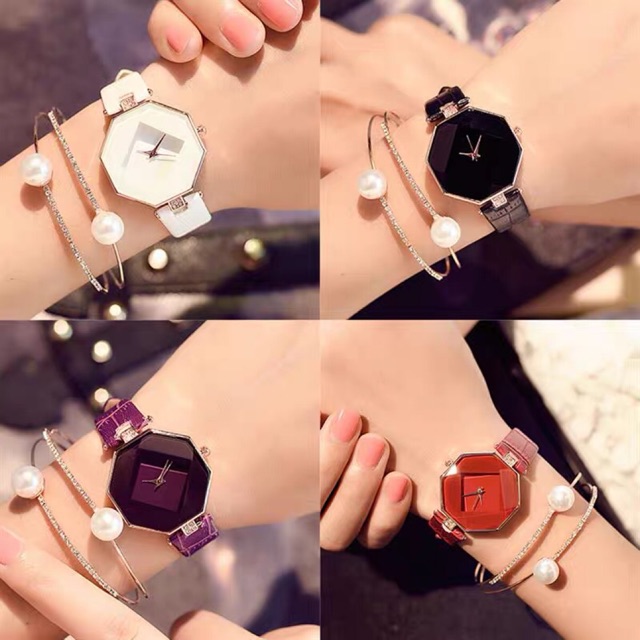 ［Ready Stock］Jam tangan wanita fashion kulit Kasus segi delapan gaya Korea S1054