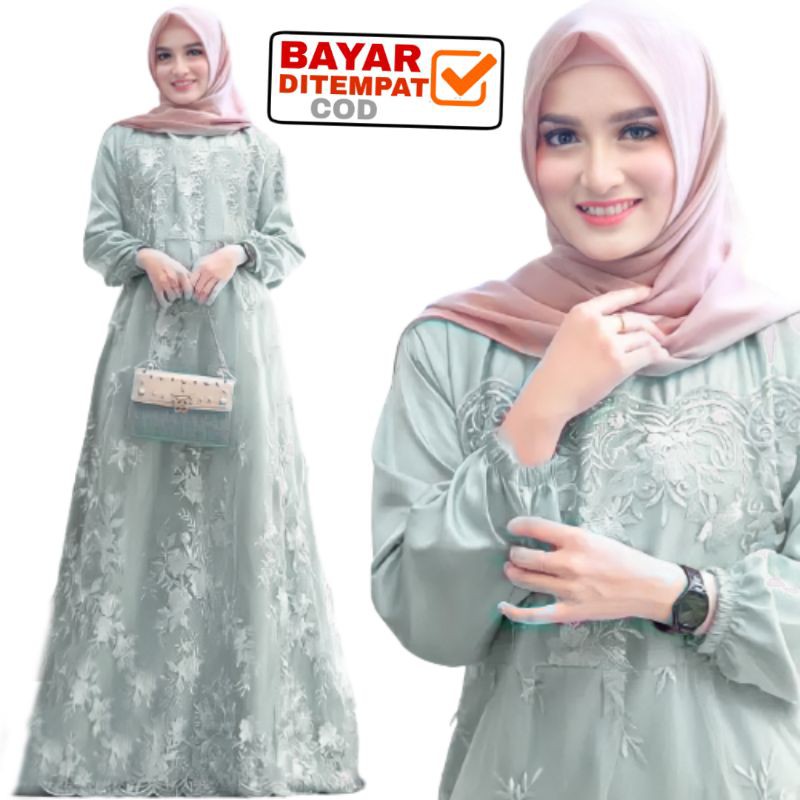 Size L XL XXL / Gamis Muslim Farasya / Maxi Brukat Selma Tulle Premium Jumbo Murah Brokat Navy Marun-4