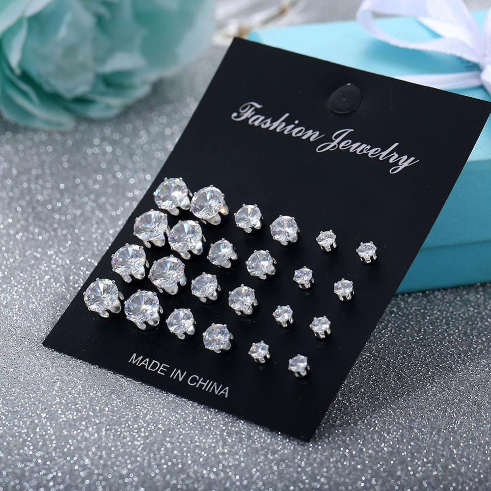 Timekey 12 Pasangset Anting Tusuk Alloy Bulat Hias Zircon Untuk Wanita A7K6