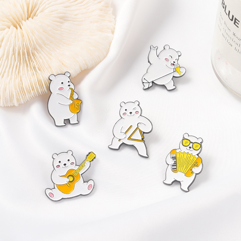 White Bear Animal Cartoon Bear Musical Instrument Enamel Lapel Pins Badge Brooches Jewelry for Backpack Girls Women Clothes