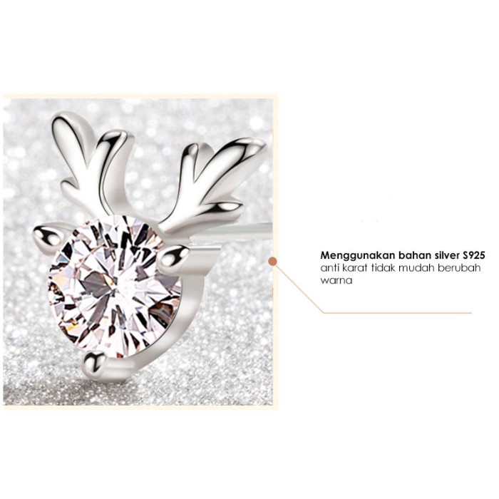 TT-ERE34D Tino Anting Titanium Perhiasan Wanita Silver 925 Dengan Permata Zircon/Anting Tusuk Wanita Model Tanduk Rusa Premium