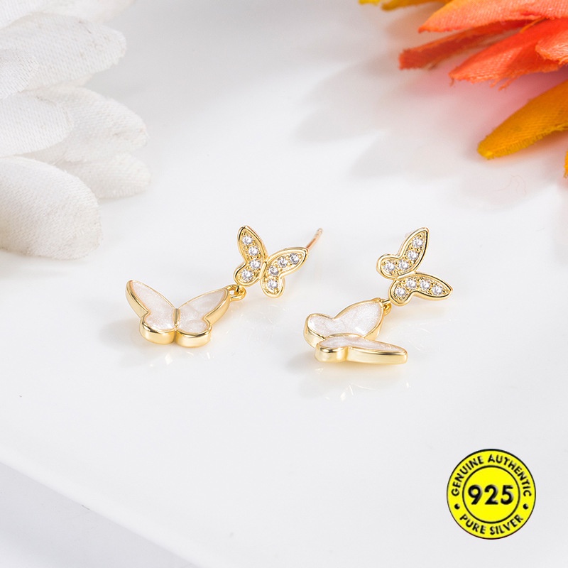 Anting Tusuk Sterling Silver 925 Desain Kupu-Kupu Hias Berlian Imitasi Untuk Wanita Butterfly