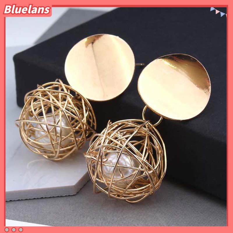 Bluelans Women Fashion Geometric Woven Hollow Ball Faux Pearl Drop Earrings Jewelry Gifts