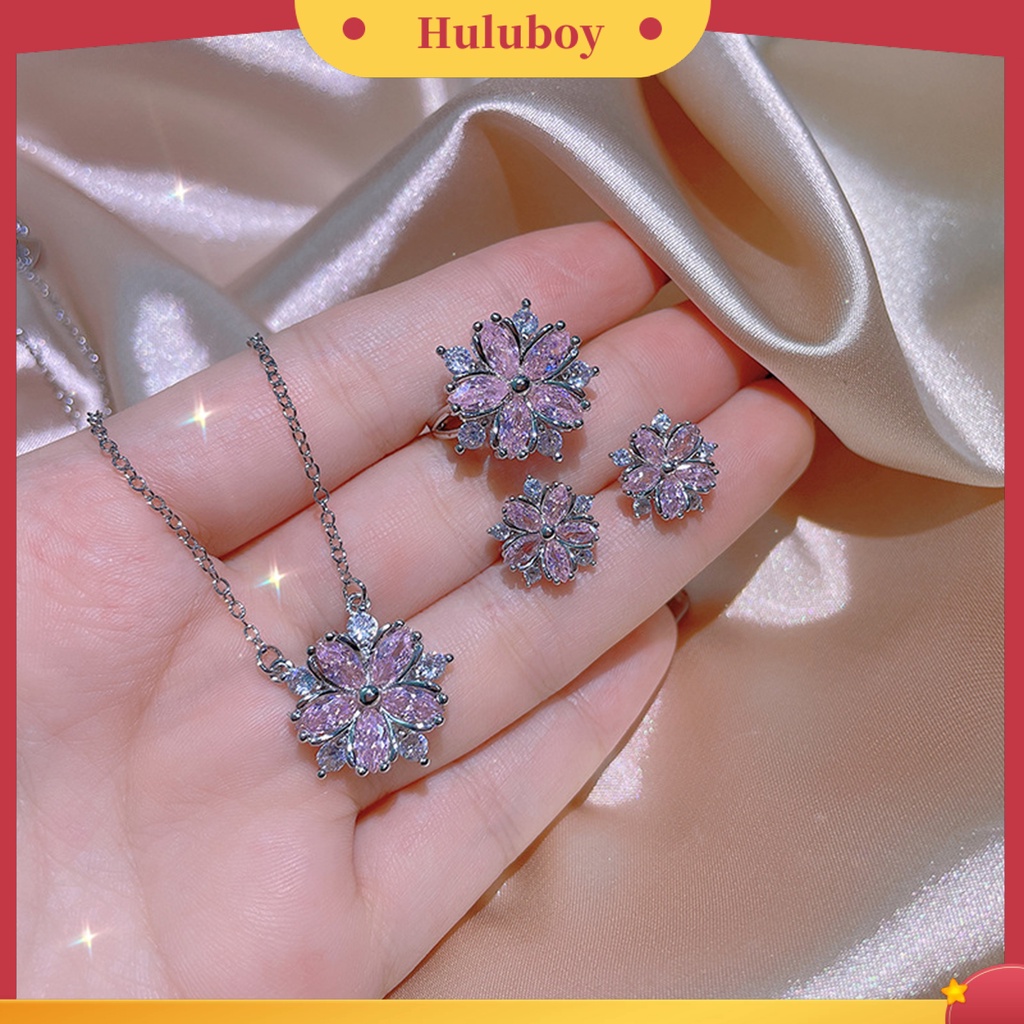 Hu Hu Hu Hu Hu Alat Bantu Pasang Kacamata♡ Kalung Dan Anting Stud Bentuk Bunga Model Lapis Ganda Bahan Cubic Zirconia Untuk Wanita