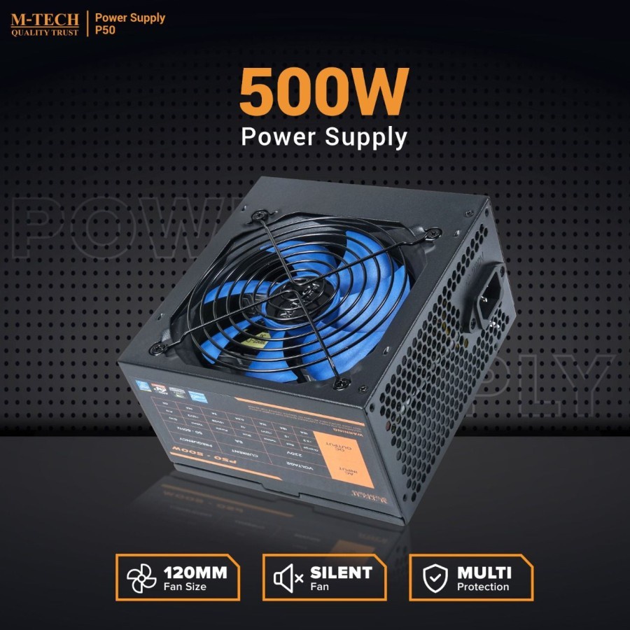 M-Tech P50 Power Supply 500W - PSU 500watt Silent Fan 12Cm