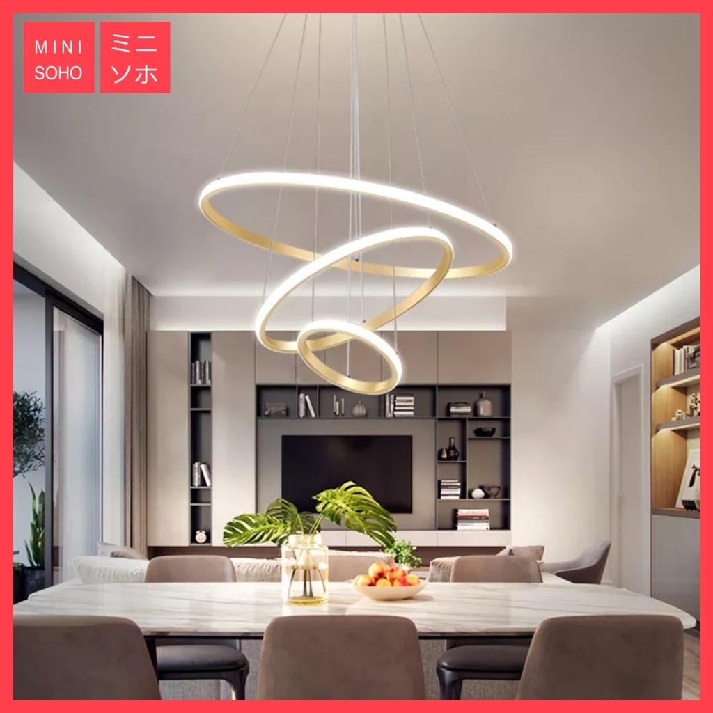 Lampu Gantung Hias Mewah Luxury Premium Minimalis Modern Aesthetic Estetik 3 Ring Pendant LED - Hitam / Gold