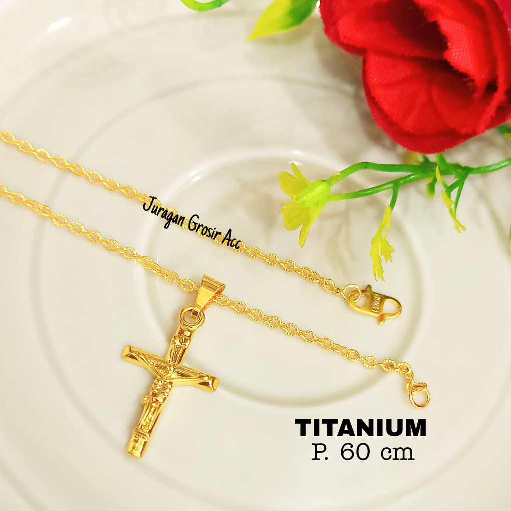 Kalung TITANIUM salib logam emas hongkong anti karat tidak luntur