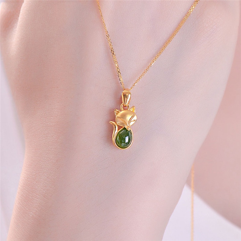 [Ready Stock]Fashion Gold Plated Emerald Fox Pendant Necklace