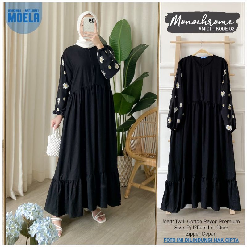 Monochrome Midi Dress by Moela / Midi hitam / Midi premium