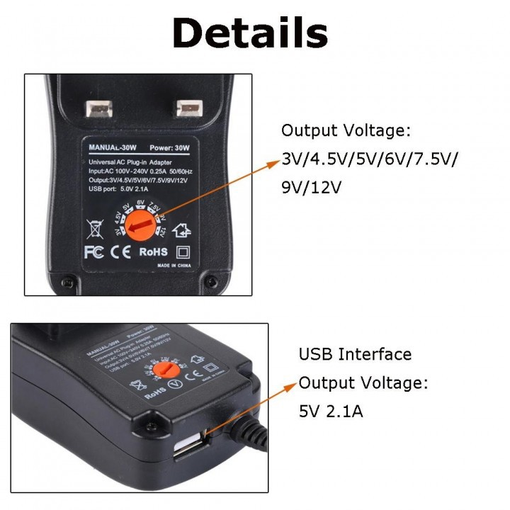 Universal AC Plug In Adjustable Adapter 30W with 2.1A Single USB Port