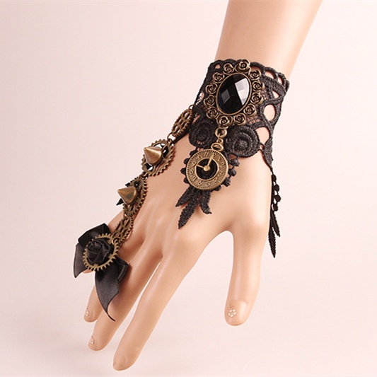 Gothic Steampunk Bracelet with Ribbon Chain Ring 8508