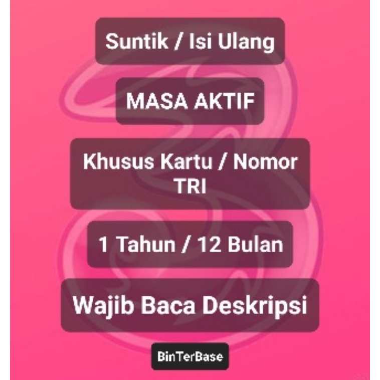Perpanjang masa aktif Tri suntik Masa aktif 1 tahun / 12 bulan khusus nomor Tri