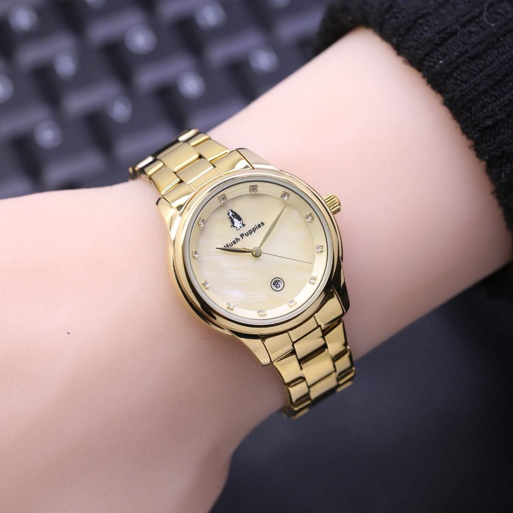 [BISA COD] JAM TANGAN FASHION WANITA HUSH PUPPIES 8398 TALI RANTAI TANGGAL AKTIF