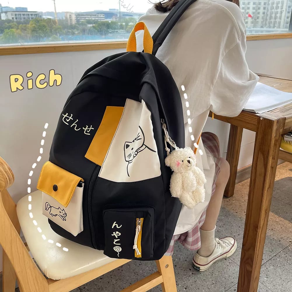Diobrale - Tas Ransel Anak Remaja Wanita Motif Kucing Karakter Sekolah SD SMP Kekinian Terbaru 2024