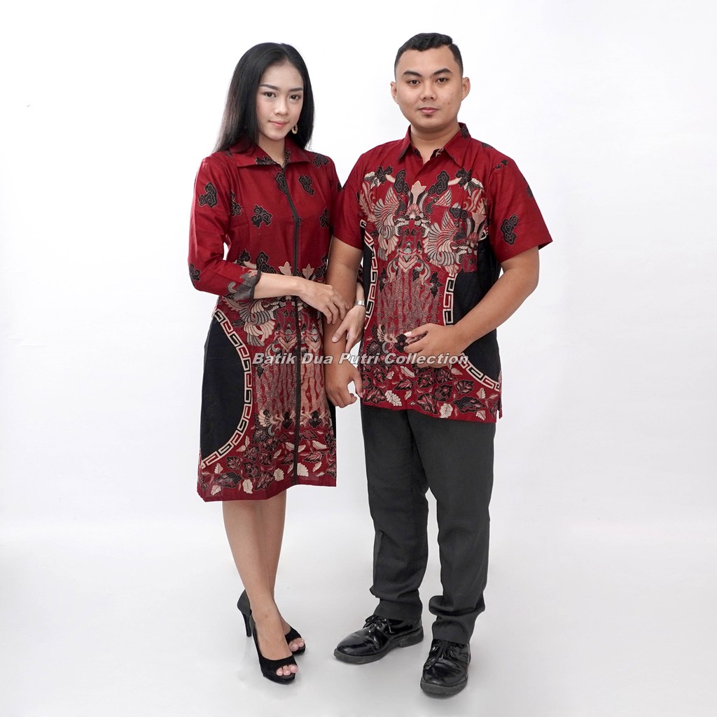 Couple Batik kemeja Pria - Dress Wanita Lengan 7/8 Warna Merah Maron Size  S-M-L-XL-XXL-3L-4L-5L