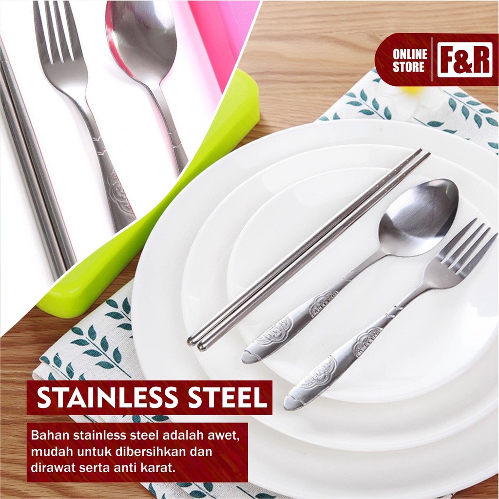 1 Set Alat Makan Sendok Garpu Sumpit Stainless Steel + Box Portable Travel Cutlery Set Food Grade