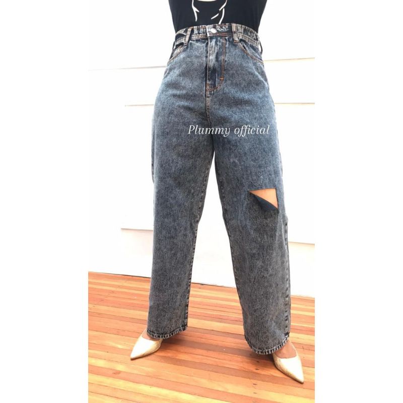 Celana Jeans Panjang Baggy Repped Jins Wanita Highwaist Sobek Hitam Snow biru