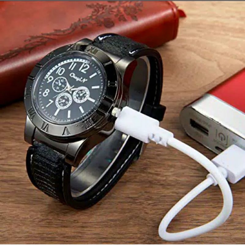 Jam Tangan Pria Korek Api Elektrik USB Rokok Cigarrete Lighter Watch Jam Tangan Analog