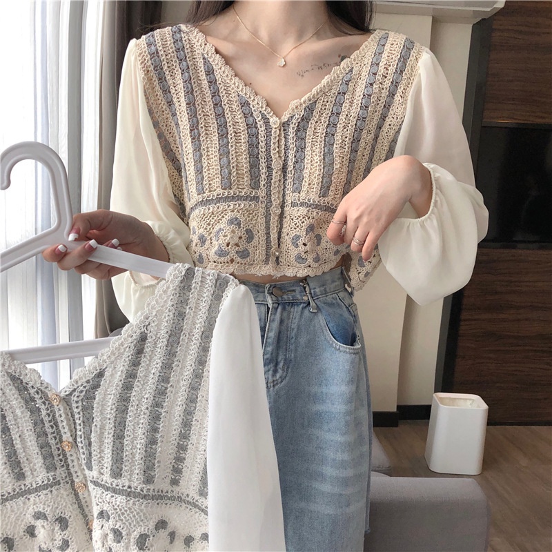 Wanita retro jahitan crochet kemeja sifon putih wanita gaya barat desain niche pendek super peri chi