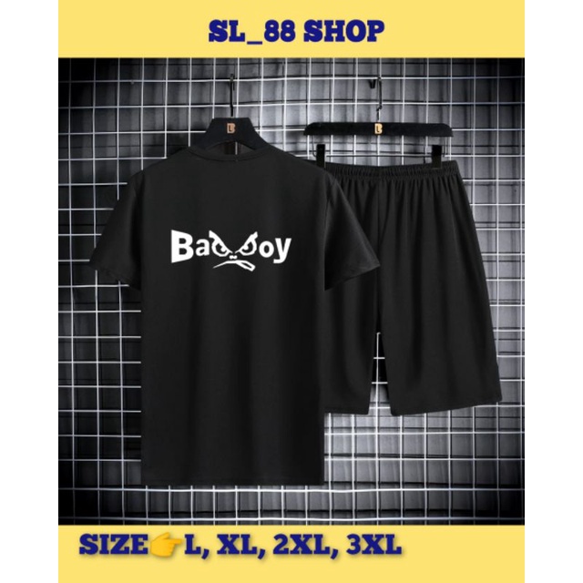 Set Pakaian Pria, Kaos+Celana Pendek Bermotif BadBoy Black