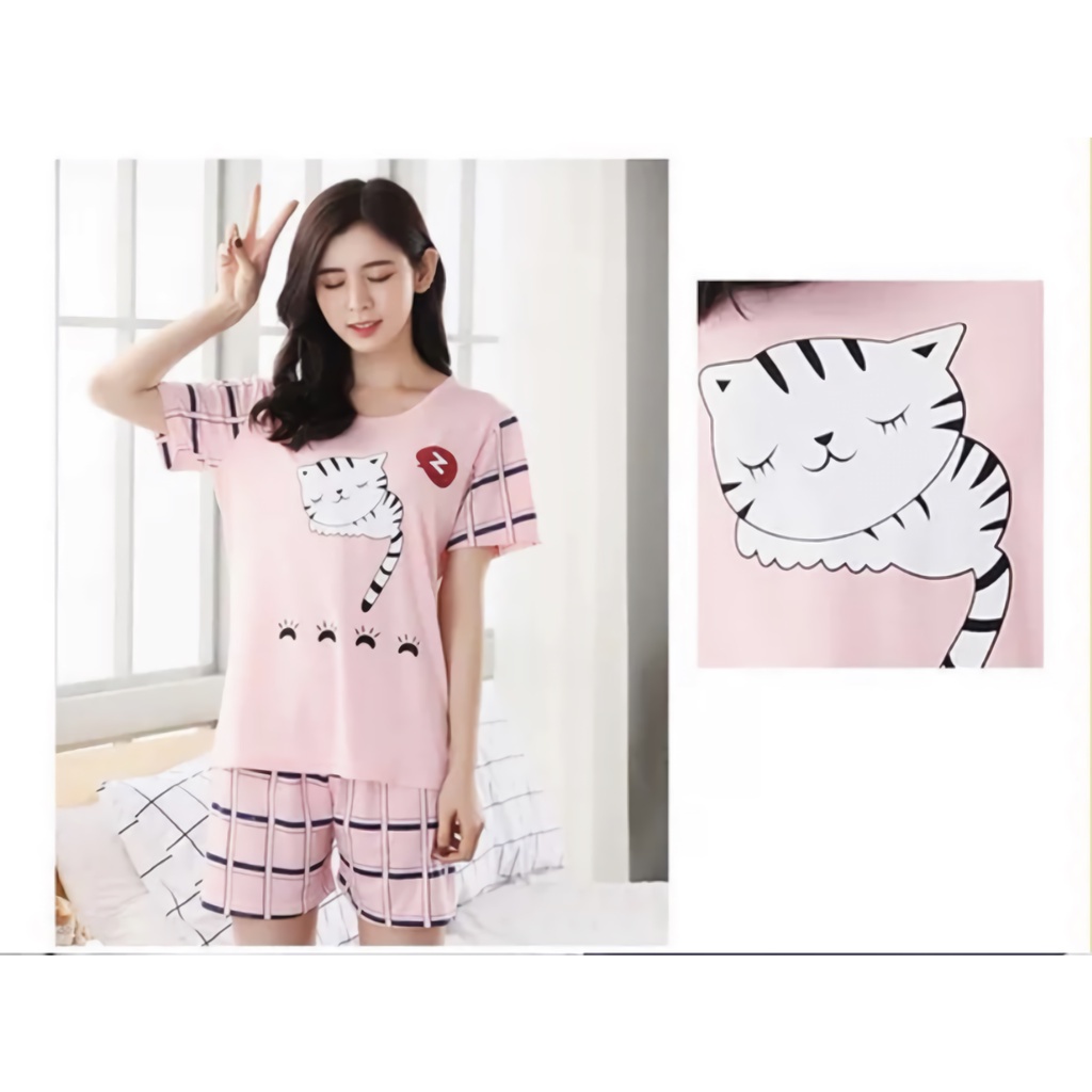 Lilipop.id  Baju Tidur Wanita Sleep Cat HP Hot pants Celana Pendek Allsize Baby Doll Bahan Kaos Dewasa