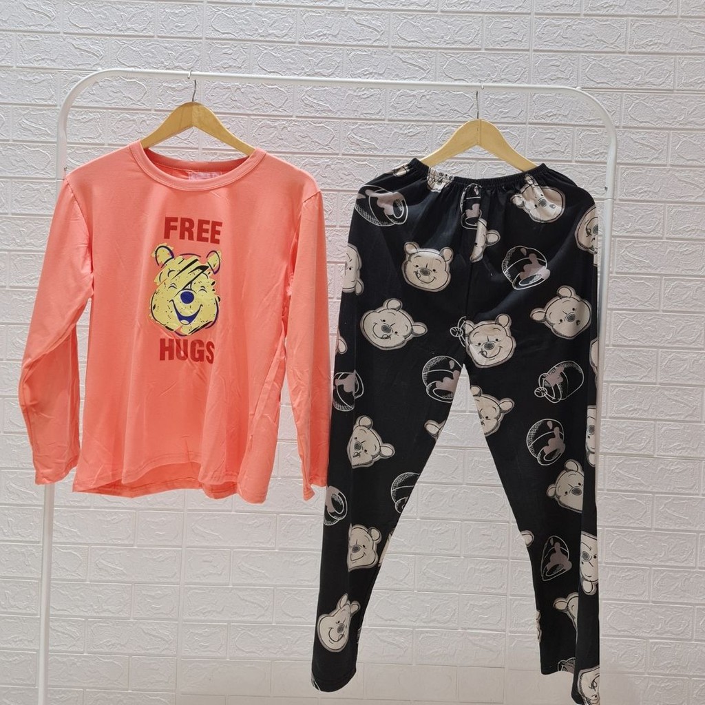 3528 kaos pajamas long pink pooh one set import big baju tidur