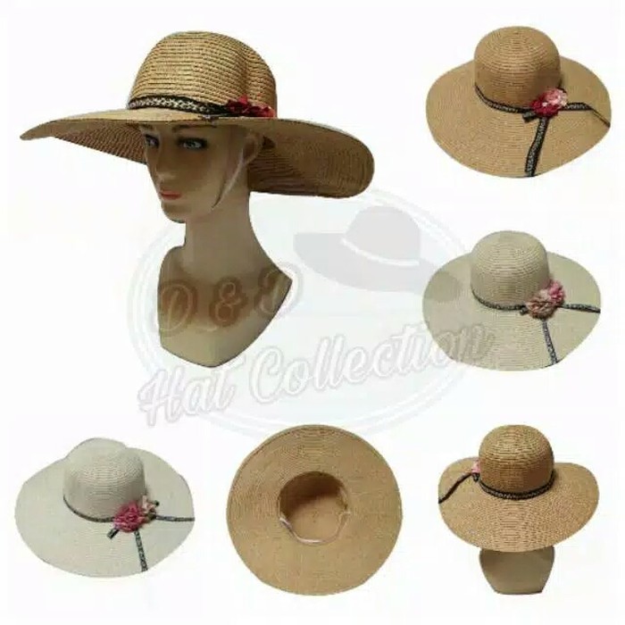 Topi Pantai Lebar Import Dua Bunga Tali Hitam Topi Fashion Wanita