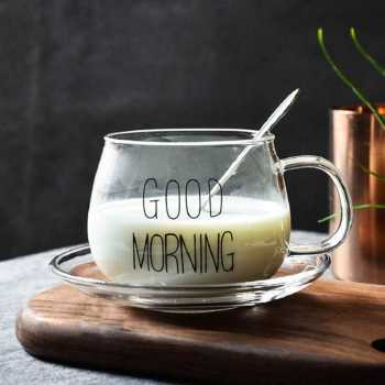 Cangkir Kopi Glass Coffee Mug Good Morning 350ml / Cangkir Kopi Stainless Gelas Tulisan Good Morning Gelas Unik Murah Dan Lucu / Gelas Cangkir Kopi Teh Anti Panas  Gelas Kaca Aesthetic Murah / Gelas Tahan Panas Dingin Stainless Kecil Tipis